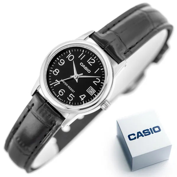 Casio női karóra LTP-V002L-1B, fekete számlap, bőr szíj, WR30, díszdoboz