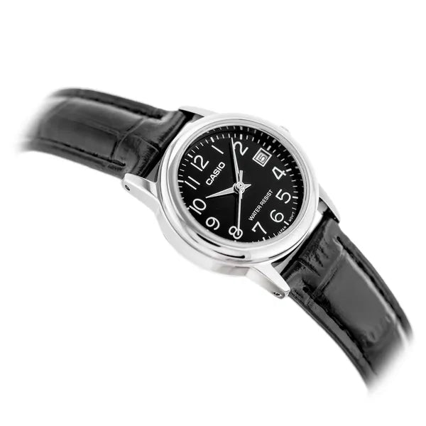 Casio női karóra LTP-V002L-1B, fekete számlap, bőr szíj, WR30, díszdoboz