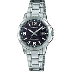 Casio LTP-V004D-1B2 női óra, rozsdamentes acél, fekete, dátum, WR30, 35 mm