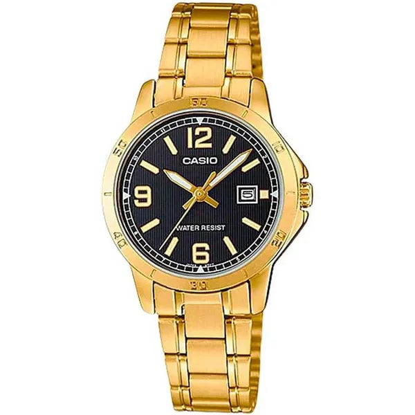 Casio LTP-V004G-1B női karóra, arany acél, fekete számlap, dátum, WR30
