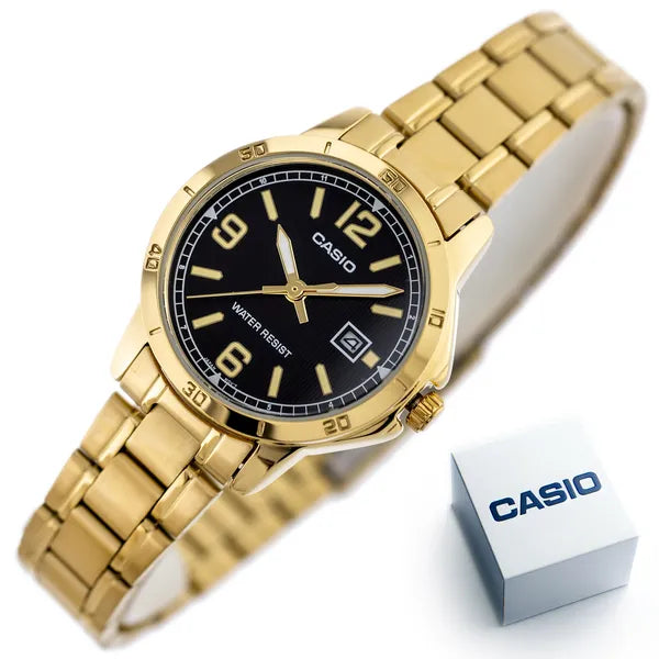 Casio LTP-V004G-1B női karóra, arany acél, fekete számlap, dátum, WR30