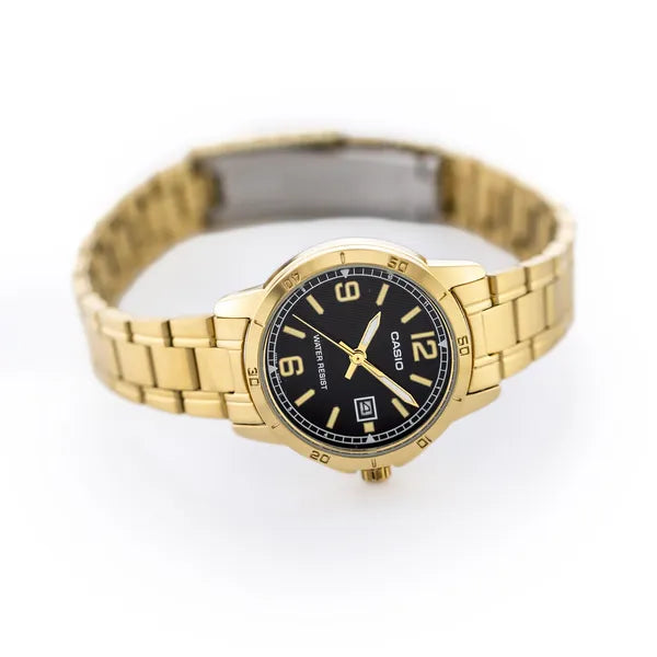 Casio LTP-V004G-1B női karóra, arany acél, fekete számlap, dátum, WR30