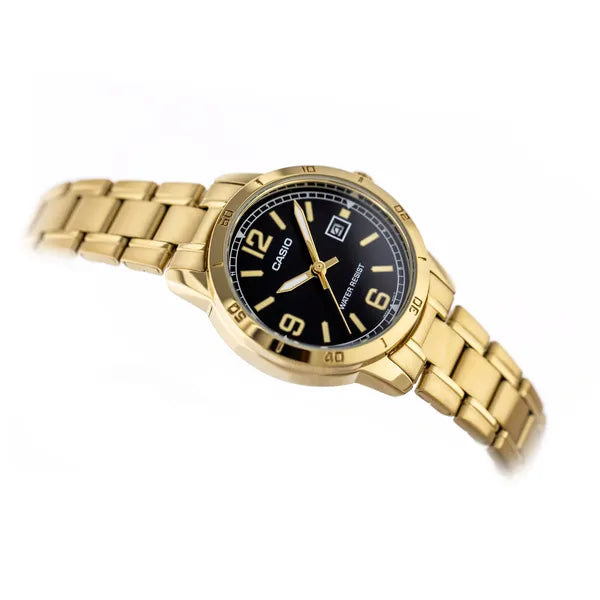 Casio LTP-V004G-1B női karóra, arany acél, fekete számlap, dátum, WR30