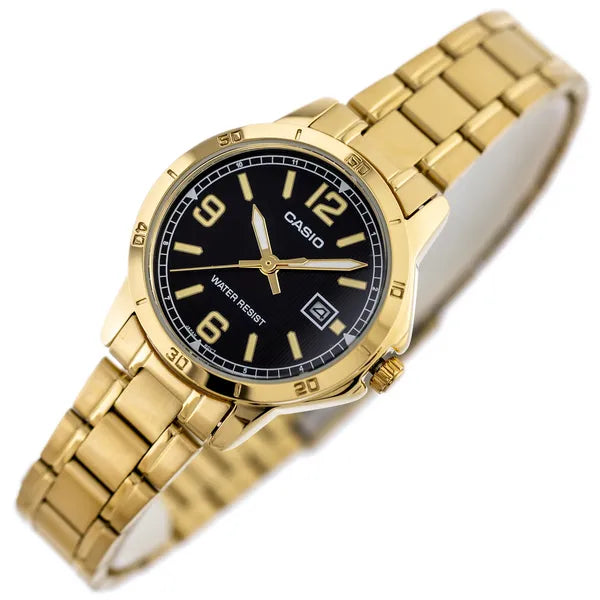 Casio LTP-V004G-1B női karóra, arany acél, fekete számlap, dátum, WR30