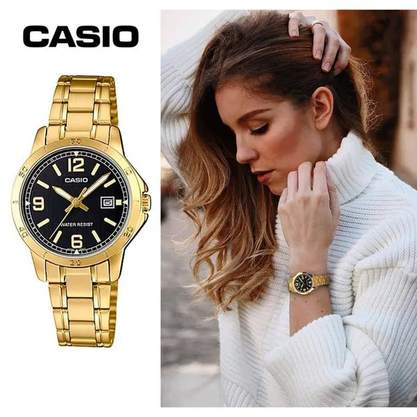 Casio LTP-V004G-1B női karóra, arany acél, fekete számlap, dátum, WR30