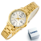 Casio LTP-V004G-7B2 női karóra, arany acél karkötő, ezüst számlap, dátum