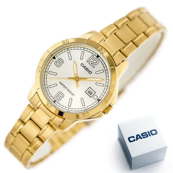 Casio LTP-V004G-7B2 női karóra, arany acél karkötő, ezüst számlap, dátum