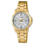 Casio LTP-V004G-7B2 női karóra, arany acél karkötő, ezüst számlap, dátum
