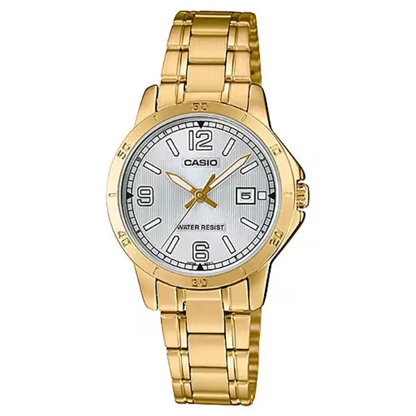 Casio LTP-V004G-7B2 női karóra, arany acél karkötő, ezüst számlap, dátum