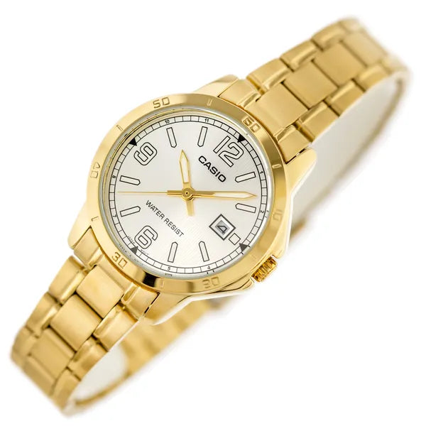Casio LTP-V004G-7B2 női karóra, arany acél karkötő, ezüst számlap, dátum