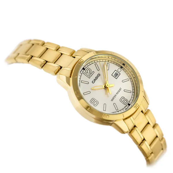Casio LTP-V004G-7B2 női karóra, arany acél karkötő, ezüst számlap, dátum