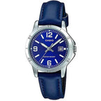 Casio LTP-V004L-2B női karóra, sötétkék bőr szíj, ezüst tok, 35 mm, WR30