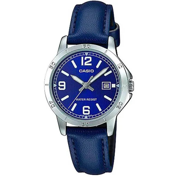 Casio LTP-V004L-2B női karóra, sötétkék bőr szíj, ezüst tok, 35 mm, WR30