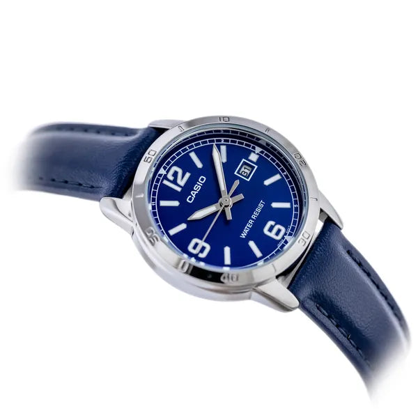 Casio LTP-V004L-2B női karóra, sötétkék bőr szíj, ezüst tok, 35 mm, WR30