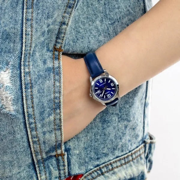 Casio LTP-V004L-2B női karóra, sötétkék bőr szíj, ezüst tok, 35 mm, WR30