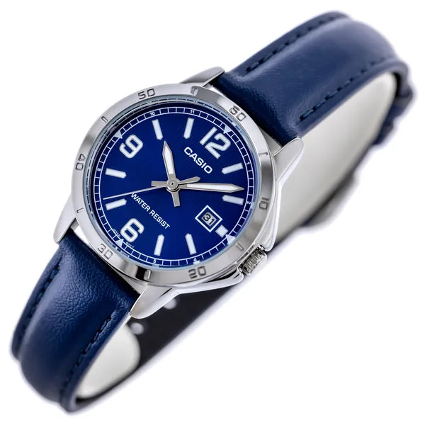 Casio LTP-V004L-2B női karóra, sötétkék bőr szíj, ezüst tok, 35 mm, WR30