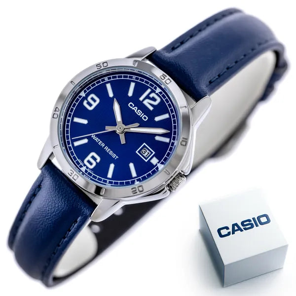 Casio LTP-V004L-2B női karóra, sötétkék bőr szíj, ezüst tok, 35 mm, WR30