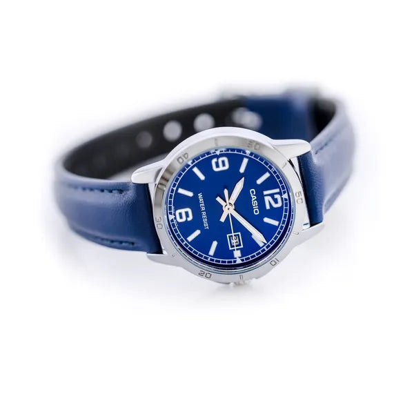 Casio LTP-V004L-2B női karóra, sötétkék bőr szíj, ezüst tok, 35 mm, WR30