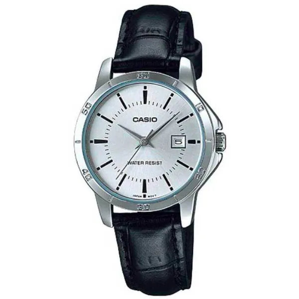 Casio LTP-V004L-7A női kvarc karóra, 30 mm, WR30, fekete bőrszíj, dátum