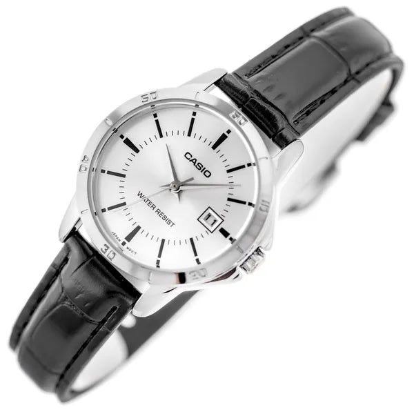 Casio LTP-V004L-7A női kvarc karóra, 30 mm, WR30, fekete bőrszíj, dátum