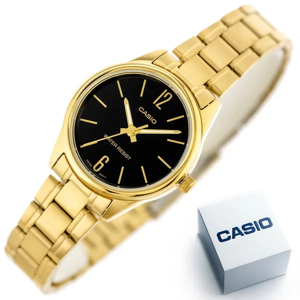Casio LTP-V005G-1B női karóra, arany acél, fekete számlap, dátum, WR30