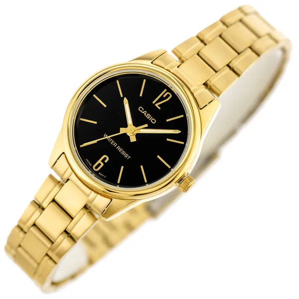 Casio LTP-V005G-1B női karóra, arany acél, fekete számlap, dátum, WR30