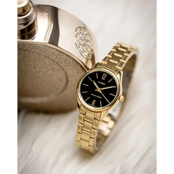 Casio LTP-V005G-1B női karóra, arany acél, fekete számlap, dátum, WR30