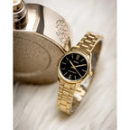 Casio LTP-V005G-1B női karóra, arany acél, fekete számlap, dátum, WR30