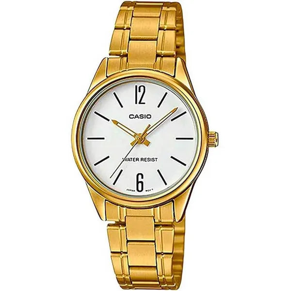 Casio LTP-V005G-7B női karóra arany acél, fehér számlap, WR30 28 mm