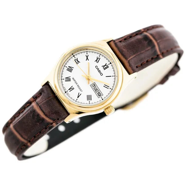 Casio LTP-V006GL-7B női kvarc karóra 25 mm, barna bőrszíj, arany tok