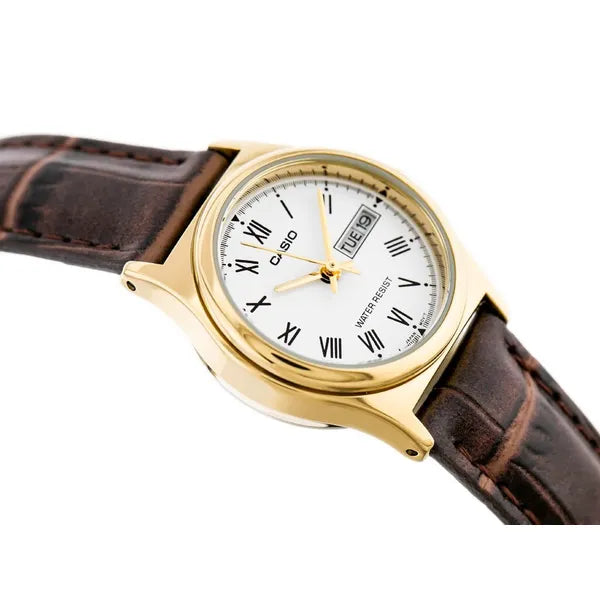 Casio LTP-V006GL-7B női kvarc karóra 25 mm, barna bőrszíj, arany tok
