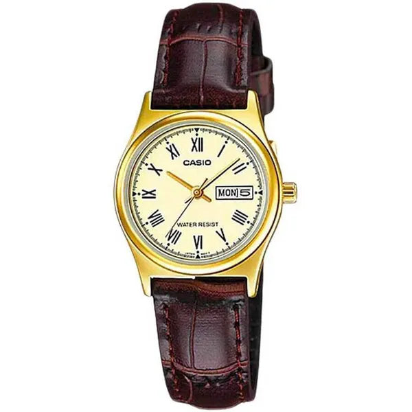 Casio LTP-V006GL-9B női karóra, 25 mm, kvarc, barna bőrszíj, arany, WR30