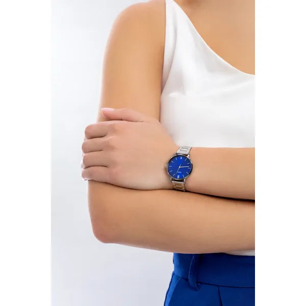 Casio LTP-VT01D-2B2 női karóra, ezüst acél szíj, sötétkék számlap, 40 mm