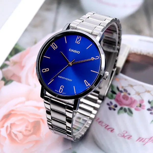 Casio LTP-VT01D-2B2 női karóra, ezüst acél szíj, sötétkék számlap, 40 mm