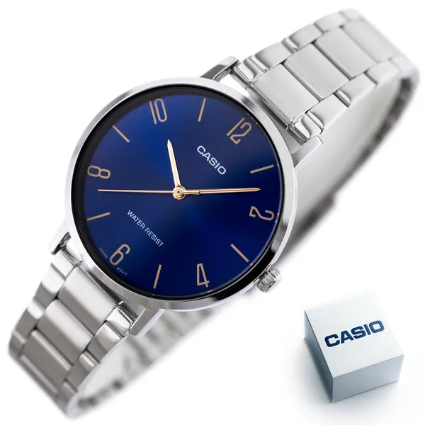 Casio LTP-VT01D-2B2 női karóra, ezüst acél szíj, sötétkék számlap, 40 mm