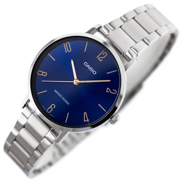 Casio LTP-VT01D-2B2 női karóra, ezüst acél szíj, sötétkék számlap, 40 mm