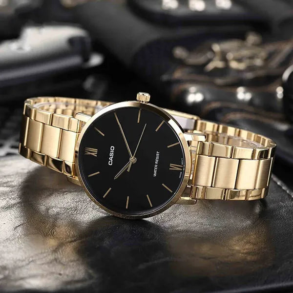 Casio LTP-VT01G-1B női karóra, arany acél, fekete számlap, 40 mm, WR30