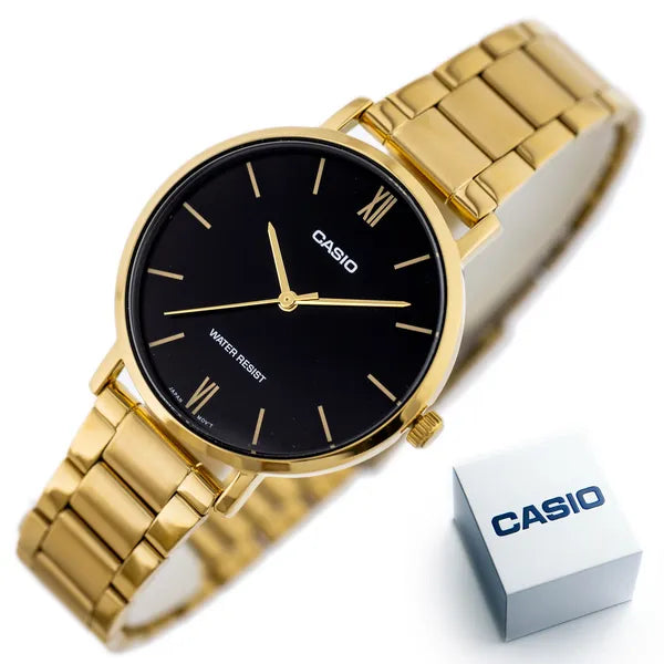 Casio LTP-VT01G-1B női karóra, arany acél, fekete számlap, 40 mm, WR30