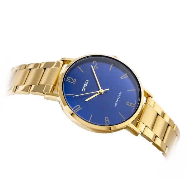 Casio LTP-VT01G-2B női karóra, arany acél, kék számlap, 40 mm, WR30