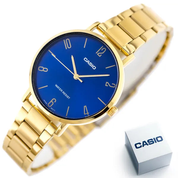 Casio LTP-VT01G-2B női karóra, arany acél, kék számlap, 40 mm, WR30
