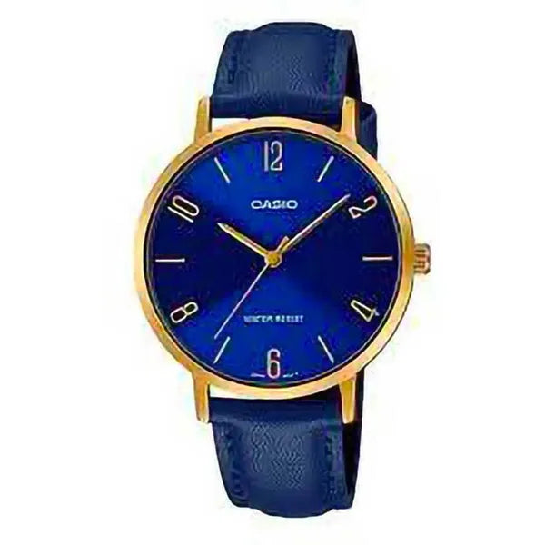 Casio női karóra, kvarc, 34 mm, arany tok, kék bőrszíj, WR30, díszdoboz