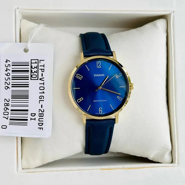 Casio női karóra, kvarc, 34 mm, arany tok, kék bőrszíj, WR30, díszdoboz