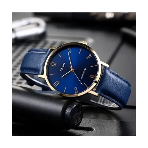 Casio női karóra, kvarc, 34 mm, arany tok, kék bőrszíj, WR30, díszdoboz