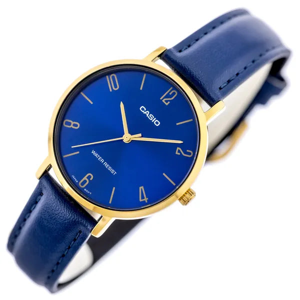 Casio női karóra, kvarc, 34 mm, arany tok, kék bőrszíj, WR30, díszdoboz