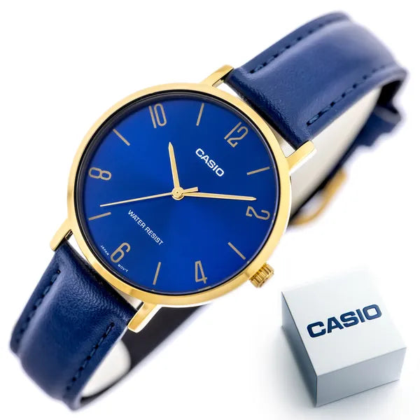 Casio női karóra, kvarc, 34 mm, arany tok, kék bőrszíj, WR30, díszdoboz