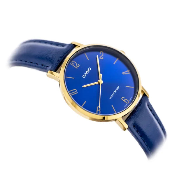Casio női karóra, kvarc, 34 mm, arany tok, kék bőrszíj, WR30, díszdoboz
