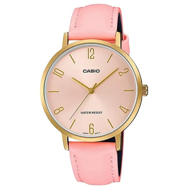 Casio LTP-VT01GL-4B női karóra, rózsaszín bőr, arany tok, kvarc, díszdoboz