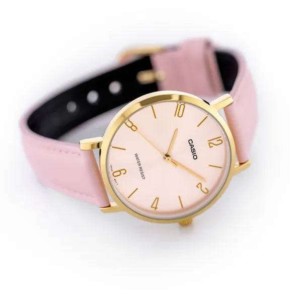 Casio LTP-VT01GL-4B női karóra, rózsaszín bőr, arany tok, kvarc, díszdoboz