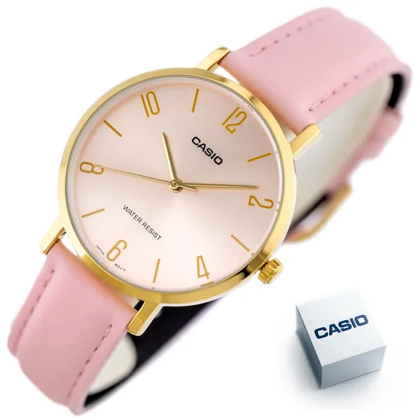 Casio LTP-VT01GL-4B női karóra, rózsaszín bőr, arany tok, kvarc, díszdoboz