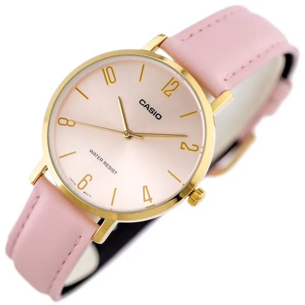 Casio LTP-VT01GL-4B női karóra, rózsaszín bőr, arany tok, kvarc, díszdoboz